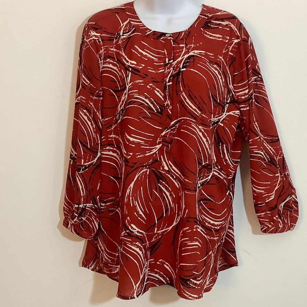 Tunic Top JM Collection Rust Color Print Exaggerated Sleeve Pleated Back Large